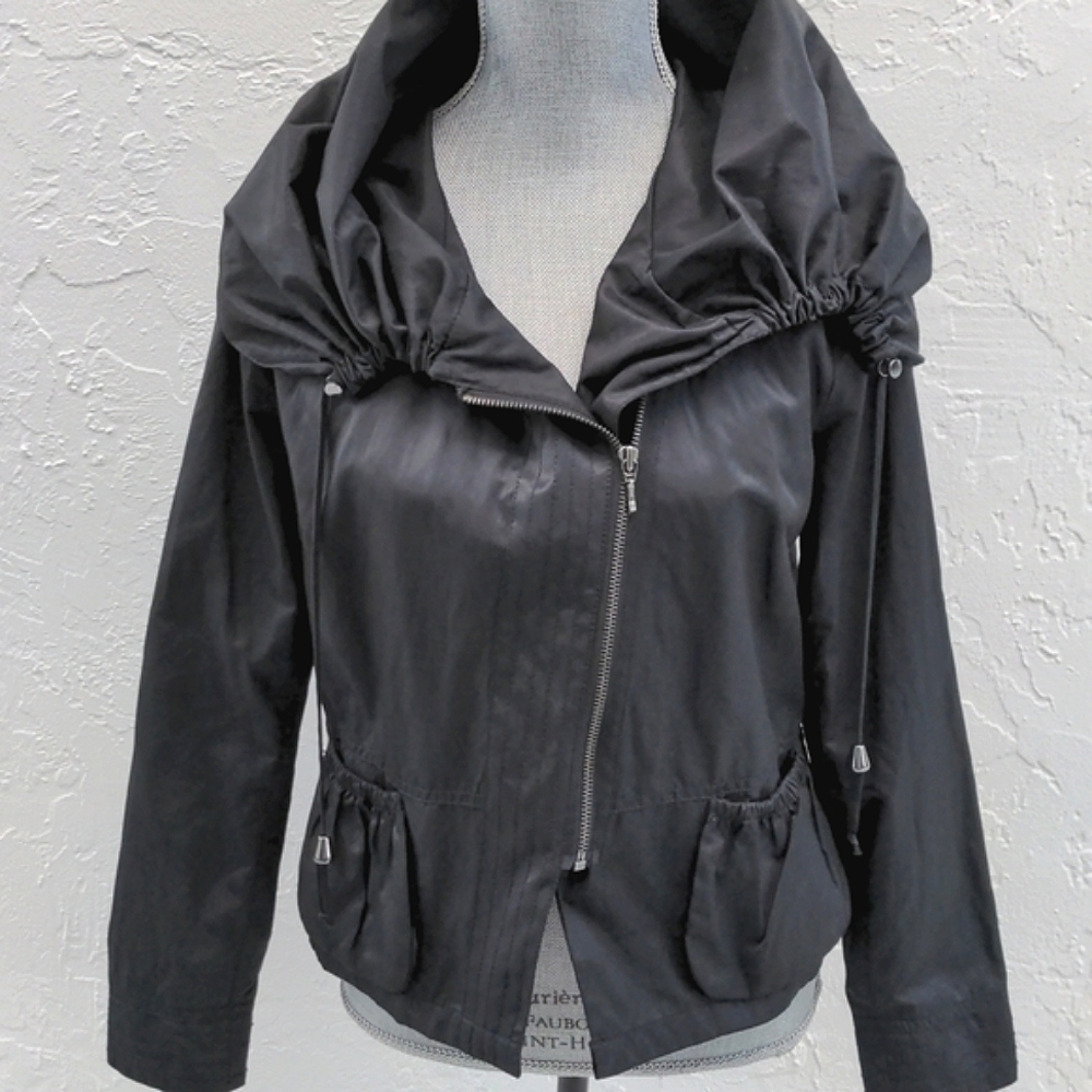 STELLA CARAKASI Asymmetrical Jacket Coat Black Sheen metallic edgy moto S